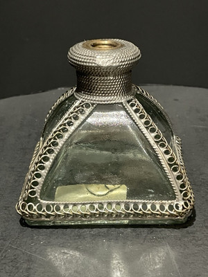 Vintage Moroccan Rose Water Perfume Bottle Metal Clear Glass 3  Square - No Top