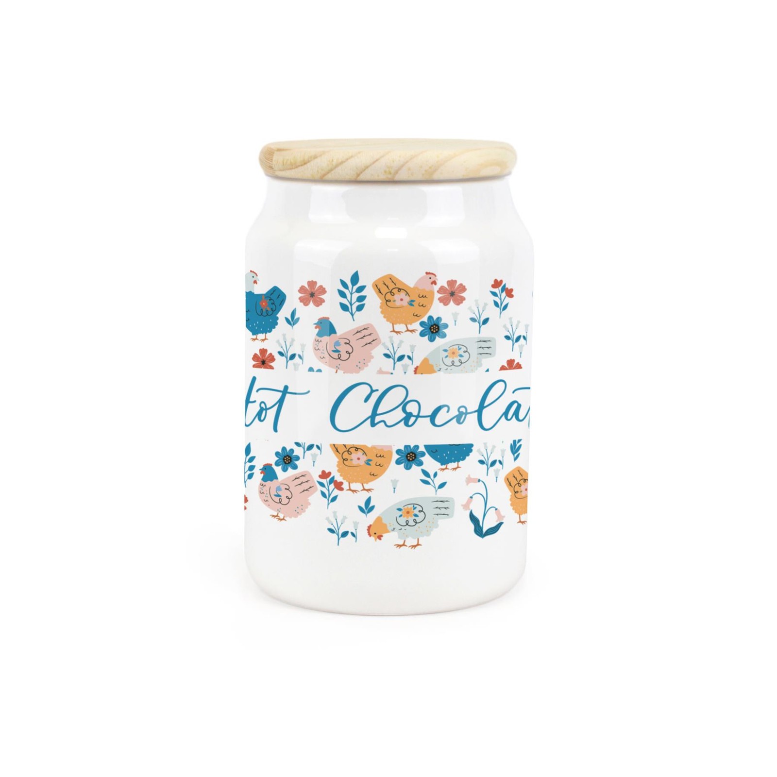 Ceramic Tapered Botanical Chickens Canister - Hot Chocolate Storage Container