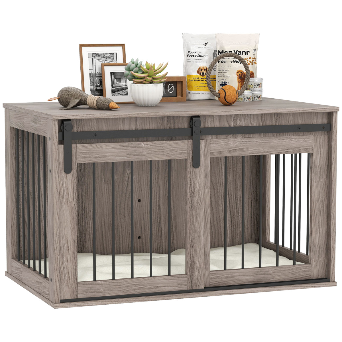 PawHut Dog Crate Furniture w/ Cushion - Large Dogs - Brown - Stylish Side Table Design - Safe & Secure Pet Enclosure - Image 2