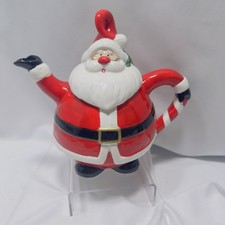 Omnibus OCI Painted Mr. Santa Claus Ceramic Teapot Christmas Tea Pot Candy Cane