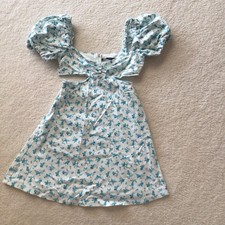 Zara Puff Sleeve Dress White With Blue Flowers Size XS Cut Out Detail Zip Fasten