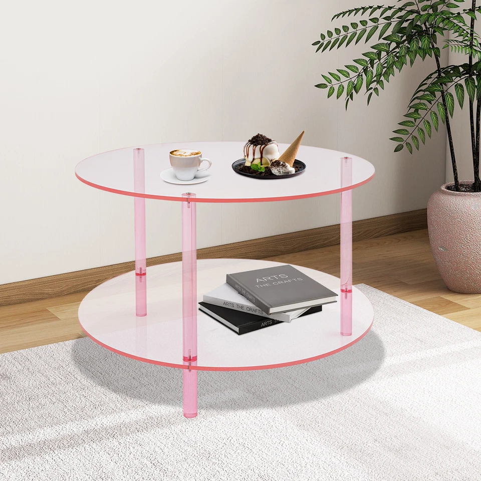 Mesa de centro moderna redonda de acrílico rosa, mesa de centro moderna, mesa de centro de 2 niveles Foto 4 de 4