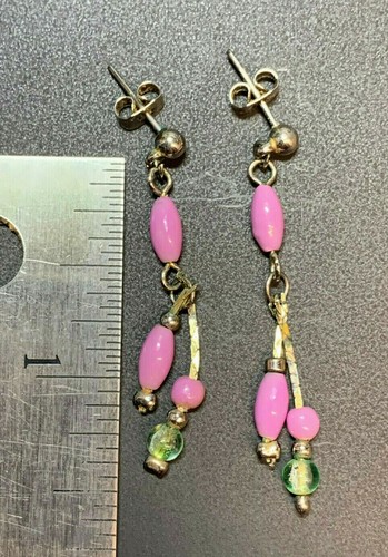 Pink and Green Beaded Drop Stud Dangle Earrings - Picture 2 of 2