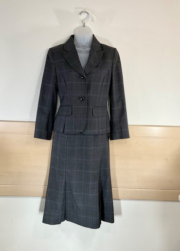 Hobbs Checked Wool Skirt & Jacket Suit Midi Grey Uk 8 VGC - Picture 2 of 24
