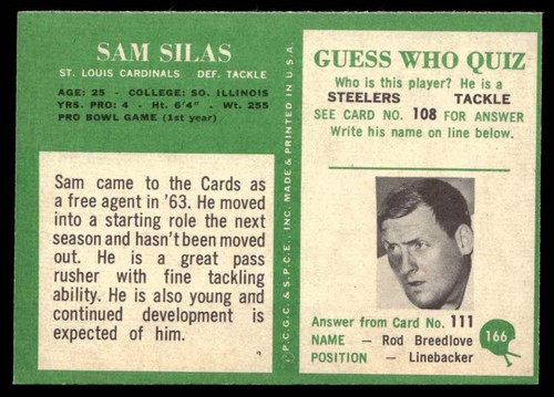 1966 Philadelphia Sam Silas RC St. Louis Cardinals #166 - Picture 2 of 2