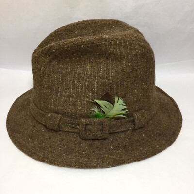 Vintage Stetson Brown Tweed Fedora Wool Hat Feather Size 7 Lined