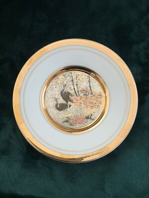 Vintage CHOKIN PLATE 6'' Japan Pheasant BIRD 24KT GOLD TRIM SAMURAI  ENGRAVED