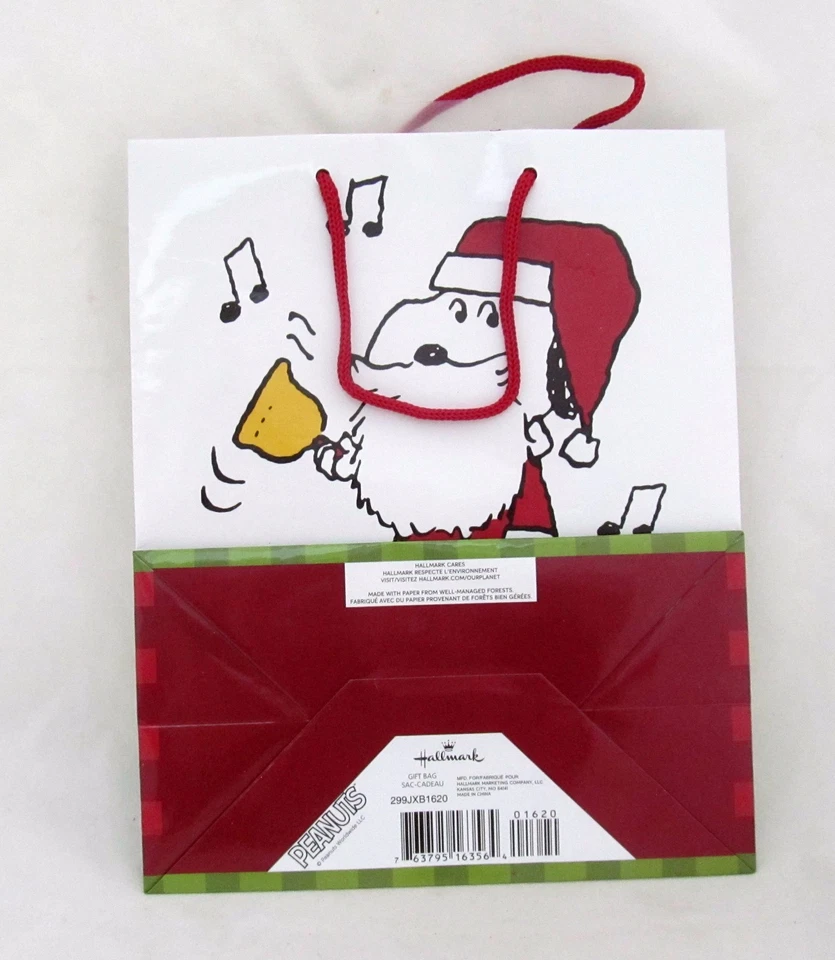 Hallmark Peanuts Snoopy Christmas Gift Bag Santa Dog w/ Bell Music Notes Holiday - Image 3 of 4