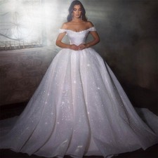 White Solid Glitter Wedding Dresses Sparkly Off Shoulder Princess Bridal Gowns