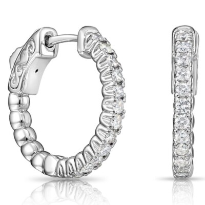 14K Solid White Gold .57ctw Natural Diamond Half Eternity Huggies Hoops Earrings