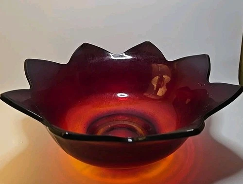 Vintage Ruby Red Flower Shaped Depression Glass Bowl 9 Inch