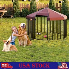 Outdoor Dog Kennel with Roof, Metal Octagon Playpen Gate Portable for Backyard
