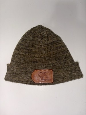 Hooked & Tagged Duck Patch Beanie Marled Knit Cuffed Hat Loden Green Brown