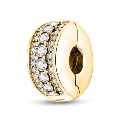 Gold Clear Sparkling Row Clip Charm Sterling Silver S925 Hallmarked