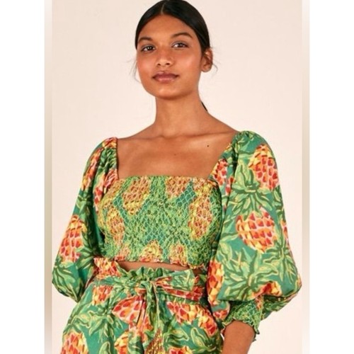 Farm Rio Pineapple Galore Smocked Crop Top Size X-Small Balloon Sleeve