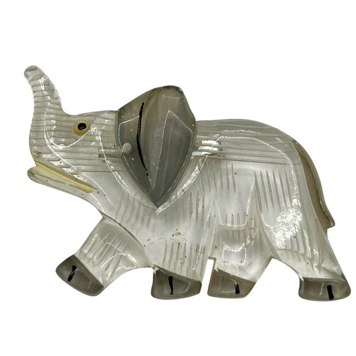 Vintage Hand Carved Clear Lucite Elephant Brooch Costume Jewelry