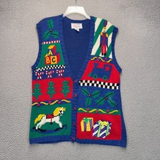 Talbots IZOD Christmas Sweater Vest Womens Medium Blue Presents Mistletoe Tree