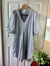 Cynthia Rowley Light Fog Blue Puff Sleeve Babydoll Dress Linen Blend M