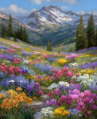8x10 Cozy Storybook Mountain Scene with Flowers Art Print Heritage - 972628314