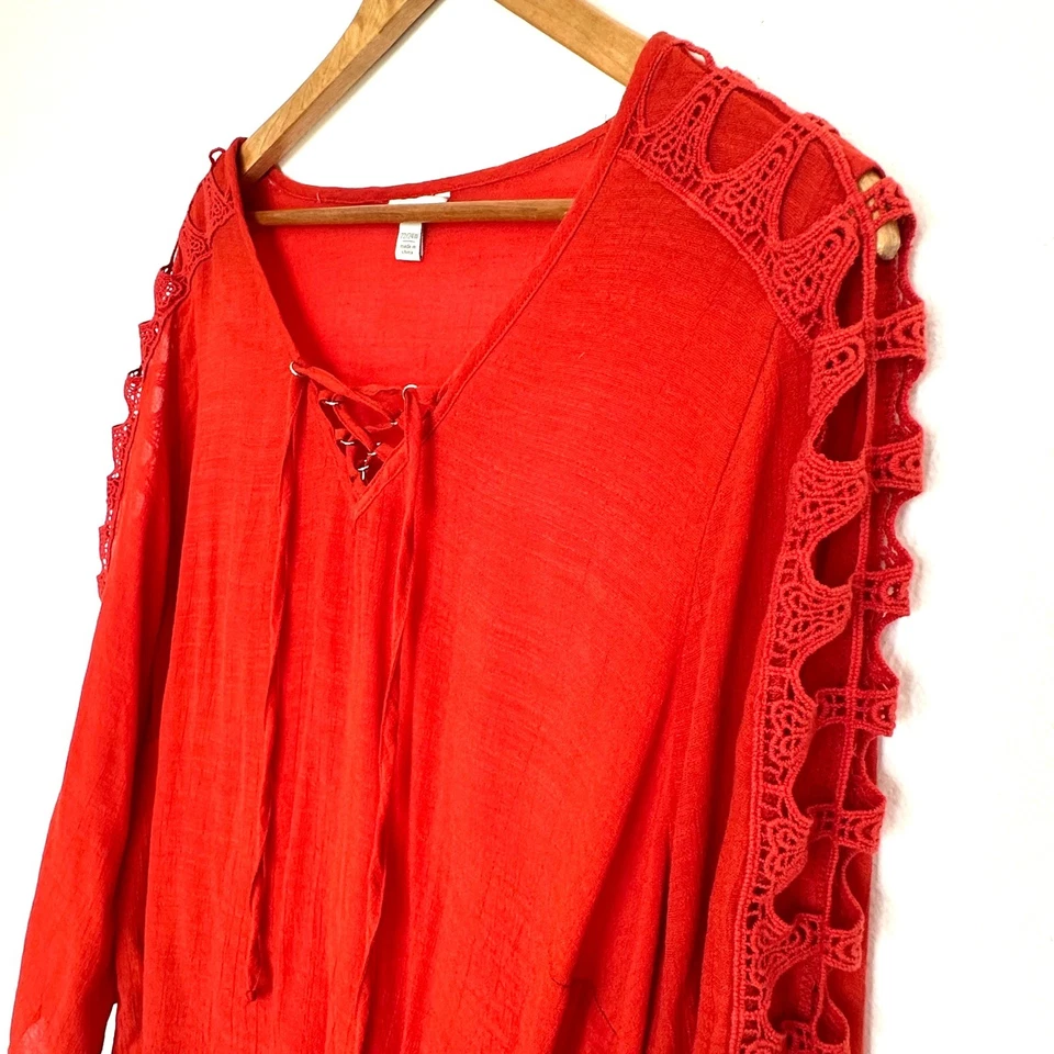 Camisa Cato Para Mujer Talla 22/24W Roja Con Cordones Manga Crochet Ligera Blusa Top Foto 4 de 4