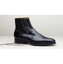 Handmade Stylish Black Leather & Suede Formal Side Ankle Lace Up Men Dress Boots