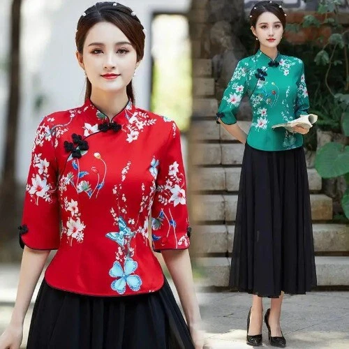 Camisa Estilo Étnico Bordada Qipao Tops Pulsera Tradicional China Hanfu Foto 4 de 4