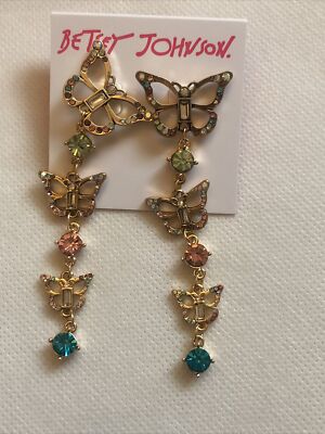 Betsey Johnson Gold Tone Butterfly Love Linear Drop Earrings Crystal  Accents NWT