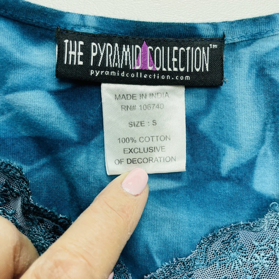 The Pyramid Collection Top Womens S Boho Blue Tie Dye Lace 3/4 Sleeve