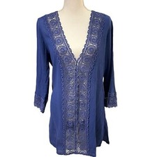 La Blanca Island Fare Blue Crochet Detail Tunic Coverup MEDIUM Beach Resortwear