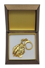 Basset Hound Type 2 - Gold-plated Keychain with a Dog, Box Art Dog