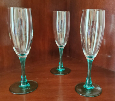 LUMINARC TEAL OR AQUA STEM CHAMPAGNE FLUTE GLASSES SET OF (3)