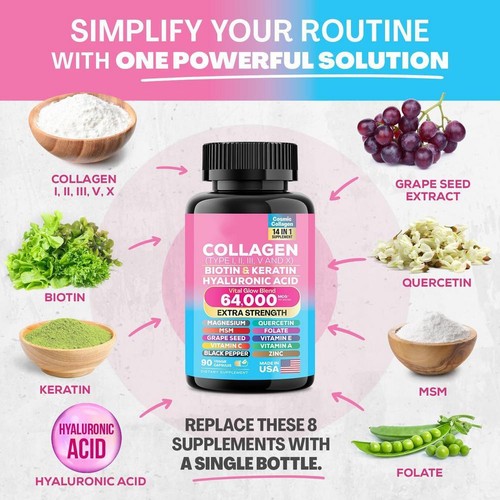 3x Collagen Pills Peptides Types I, II, III, V & X 64,000 MCG Biotin 270 Caps- - Picture 7 of 11