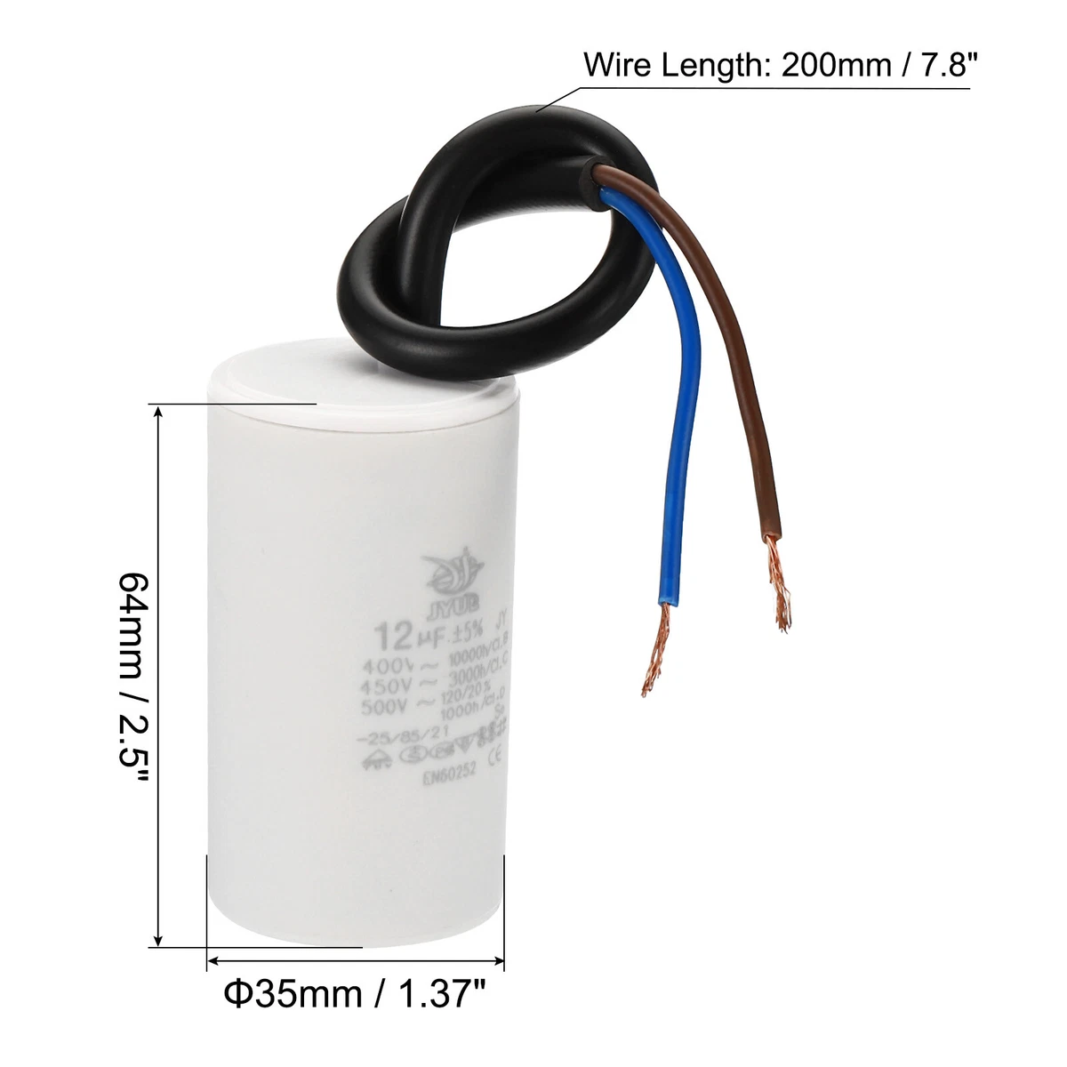 CBB60 12uf Running Capacitor,AC 450V 2 Wires 5060Hz Cylinder 64x35mm | eBay