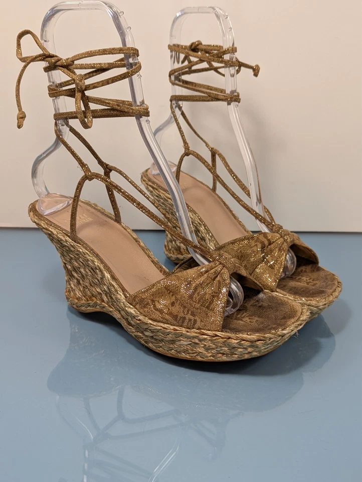 STUART WEITZMAN Womens 11M Open Toe Ankle Lace Up Wedge Heel Espadrilles Sandals - Image 3 of 4