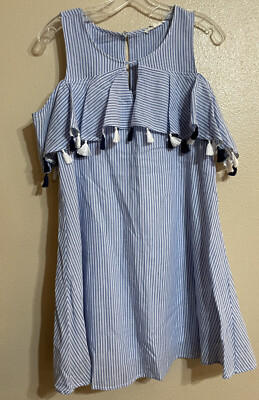 Copper Key M Blue White Vertical Striped Mini Dress Lined Tassels Ruffle Cotton | eBay Copper Key M Blue White Vertical Striped Mini Dress Lined Tassels Ruffle Cotton | eBay