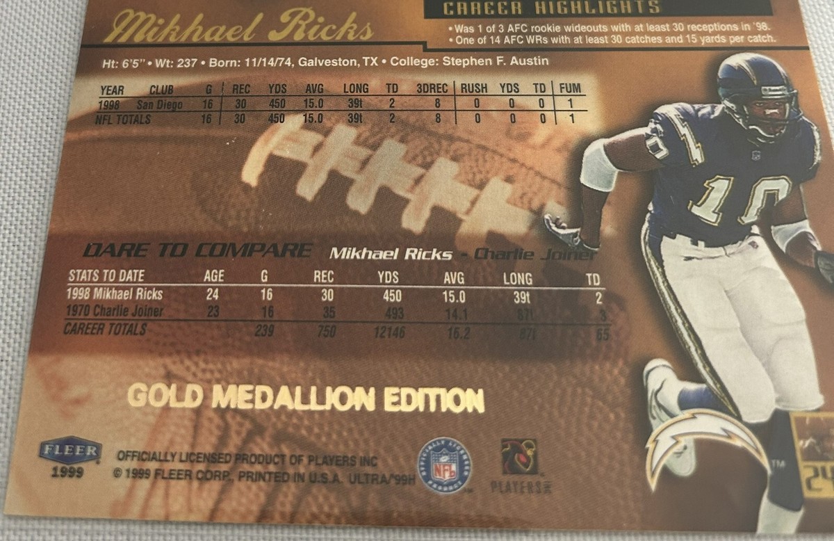 1999 Fleer Ultra Football Mikhael Ricks San Diego Chargers Gold