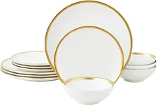 Dinnerware Set 12 Piece Set Dishes Round Plates Bowls Golden Rim Dish Set for 4