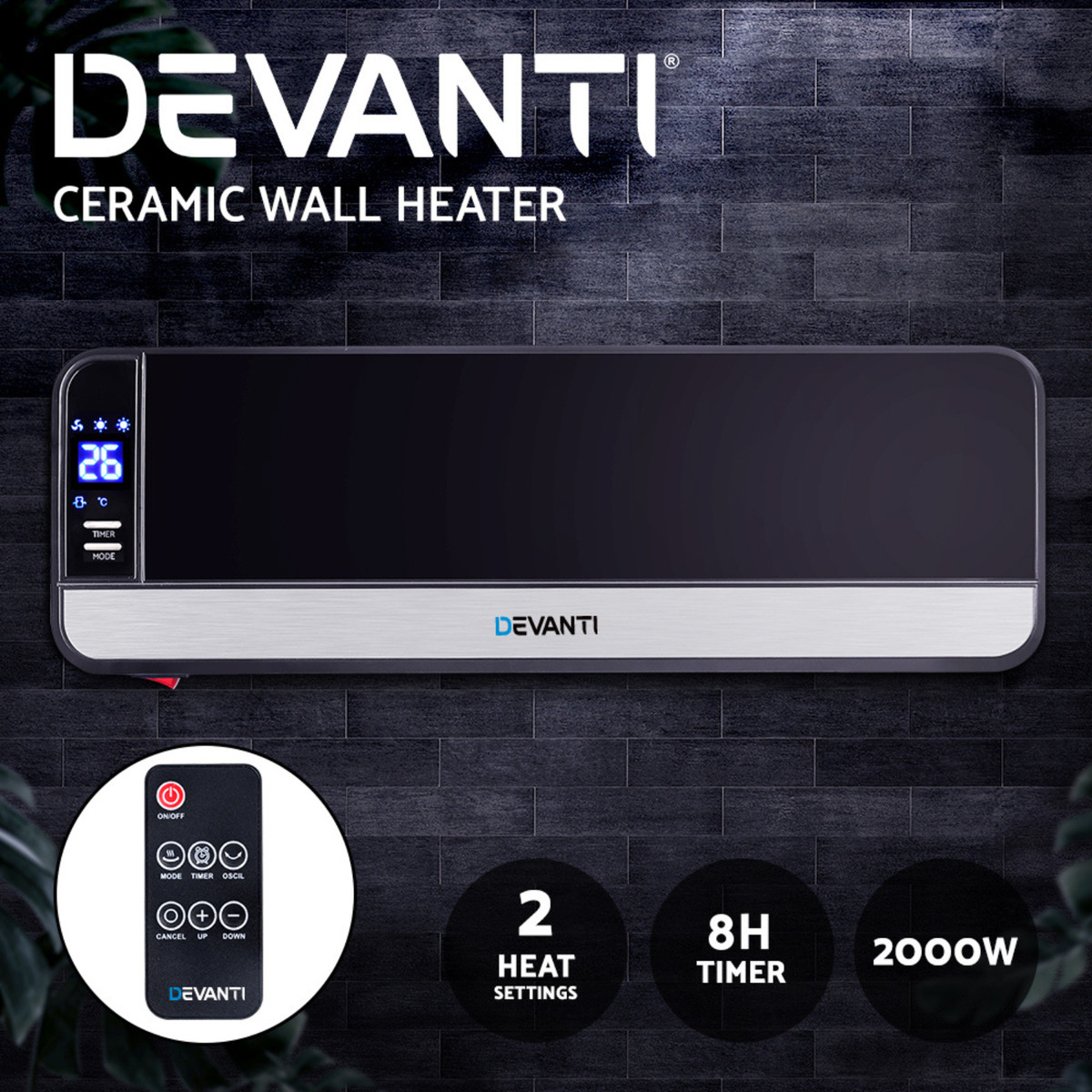 Devanti Electric Wall Mounted Panel Heater 2000W LED Swing Timer Remote  Control | eBay