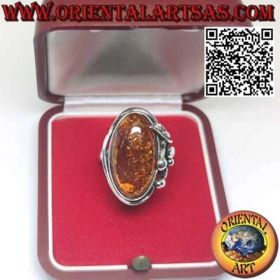 Bague en Argent 925‰ Avec Ambre Ovale Grand Et Fior De Lys Sur un Côté - Photo 1/4