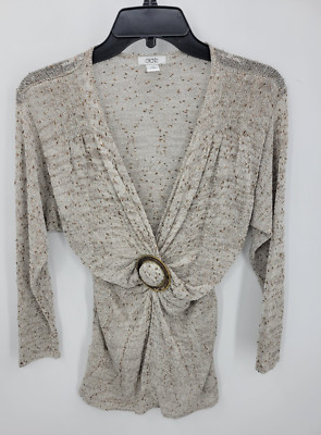 Cache Sweater Womens Medium Tan Metallic Empire Waist Sequined Bamboo 90s Boho