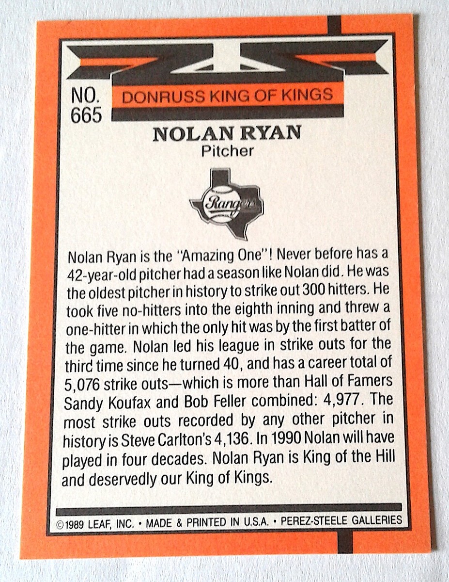 1990 DONRUSS NOLAN RYAN 5000K #659 / ERROR CARD #665 KING of KINGS