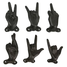 Set of 6 Cast Iron Wall Hooks, Hand Gestures, Black Finish, For Keys & Towels