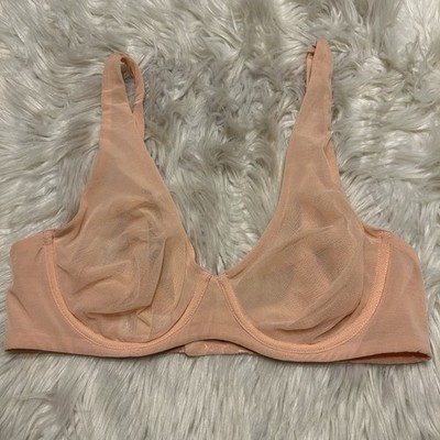 Adore Me 36C Bra Pink Mesh Plunge Unlined Underwire Back Closure