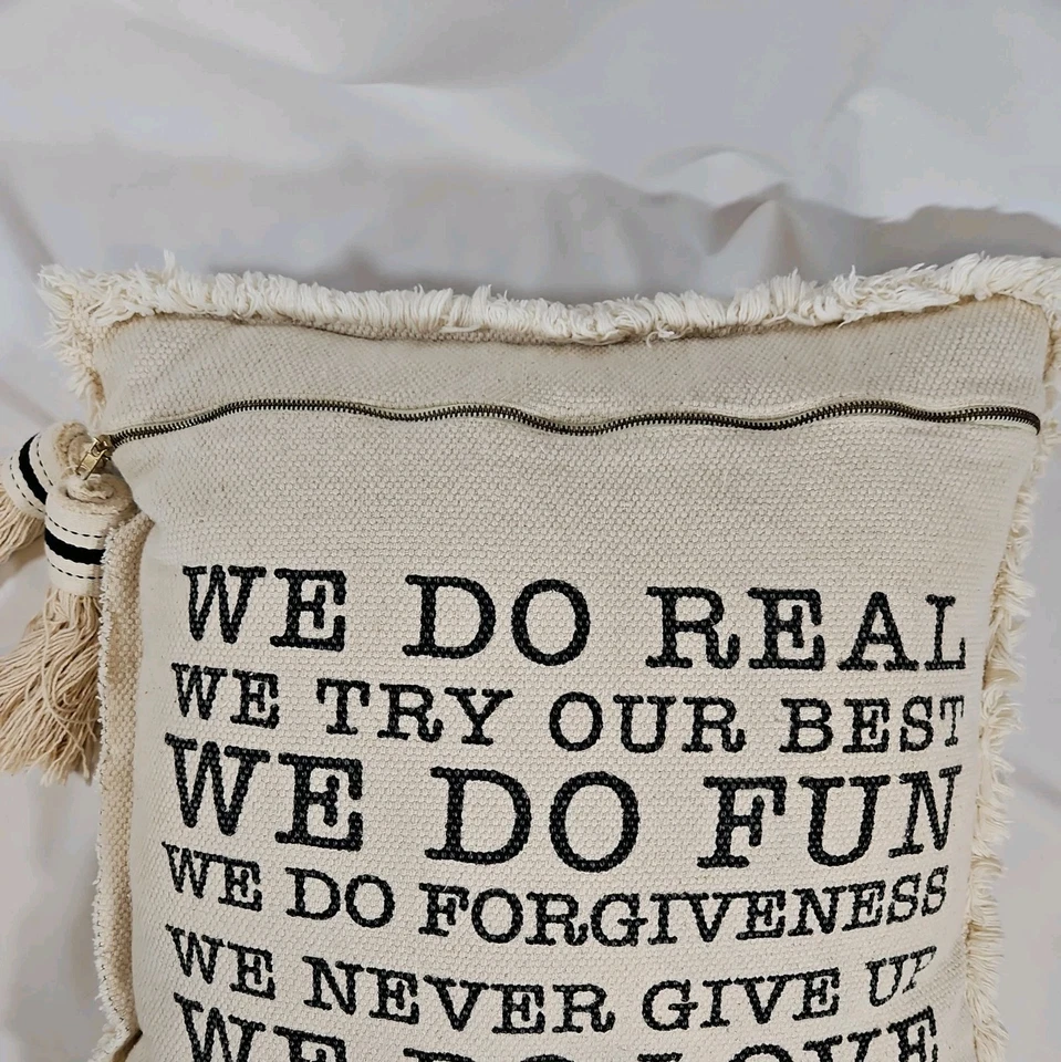 Mud Pie Farmhouse-Style 21x21  Pillow Cover Zippered "We do real .." Big Tassels - Image 4 of 4