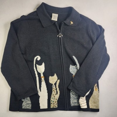 Allison Daley Woman's 2X Cat Novelty Sweater Full Zip Embellished Collared Bead