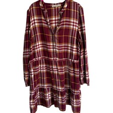 LOFT Burgundy, White and Yellow Plaid Side Tie Ladies Flare Dress, XL