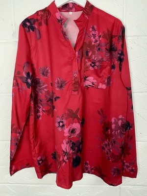 Boutique Gr. M/L rot & rosa Rosenmuster seidiger Stoff Tunika Bluse Mandarinkragen