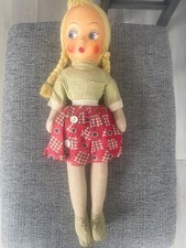 Vintage BlondHair Celluloid Face Rosy Red Cheeks Cloth Body Polish Baby Doll 16"