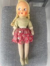 Vintage BlondHair Celluloid Face Rosy Red Cheeks Cloth Body Polish Baby Doll 16"
