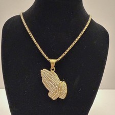 2" Crystal Praying Hands Pendant with 24" Chain–Gold Plated 925 Sterling Silver